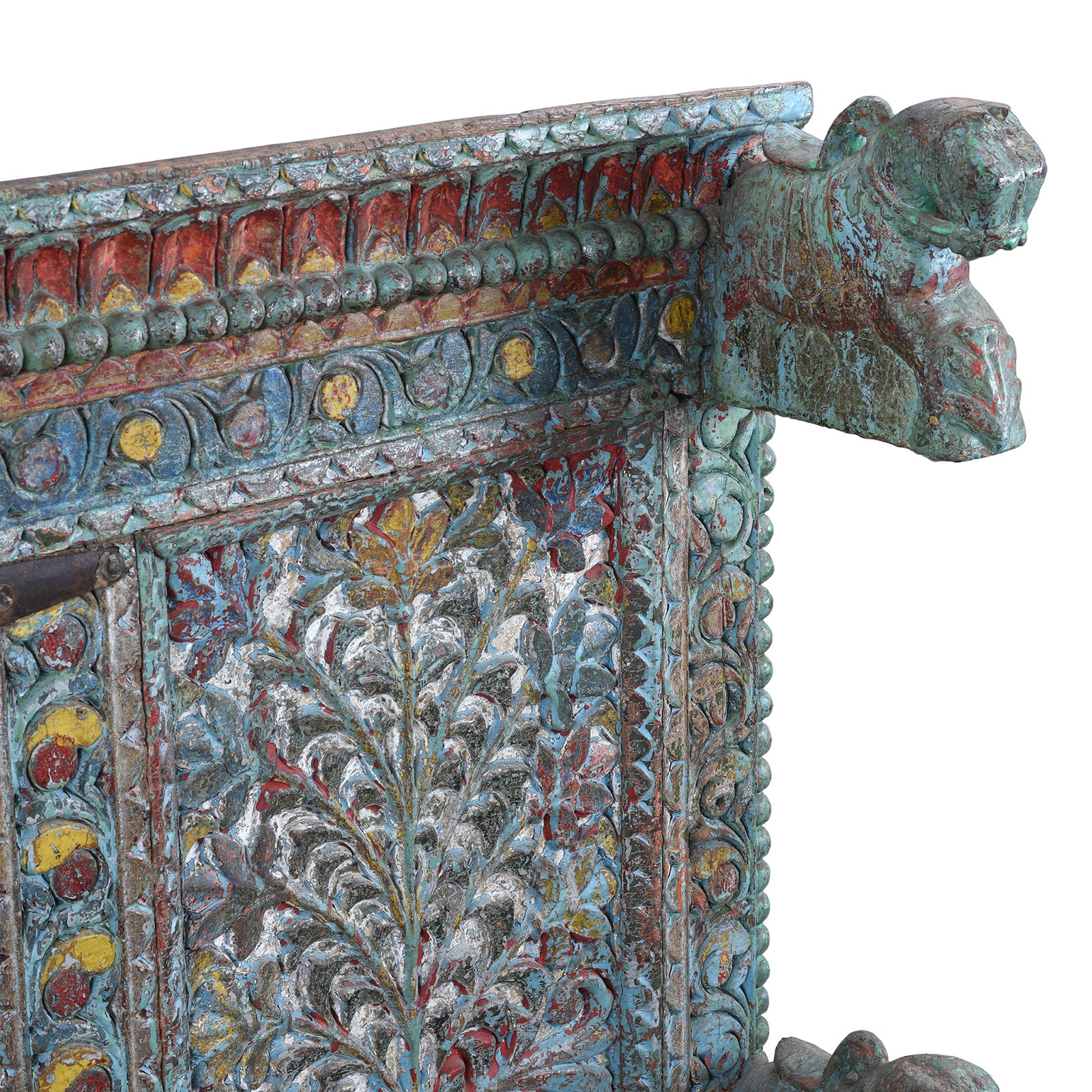 Horse Detail From Antique Gujarati Majus Dowry Chest With Painted Floral Carving And Horse Head Finials