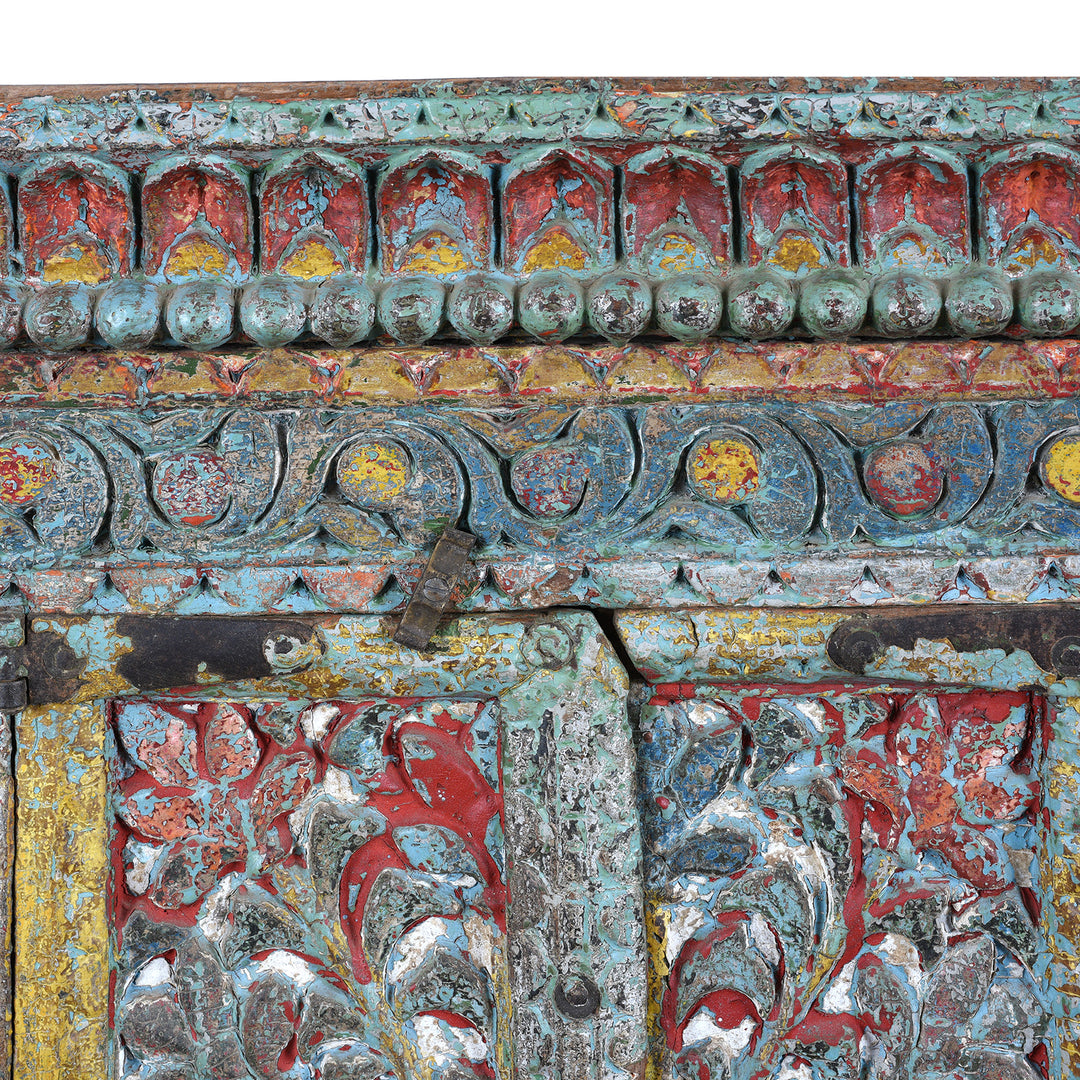 Carving And Paintwork Detail From Antique Gujarati Majus Dowry Chest With Painted Floral Carving And Horse Head Finials