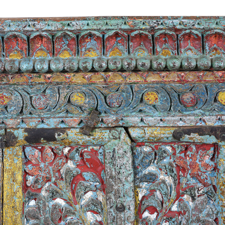 Carving And Paintwork Detail From Antique Gujarati Majus Dowry Chest With Painted Floral Carving And Horse Head Finials