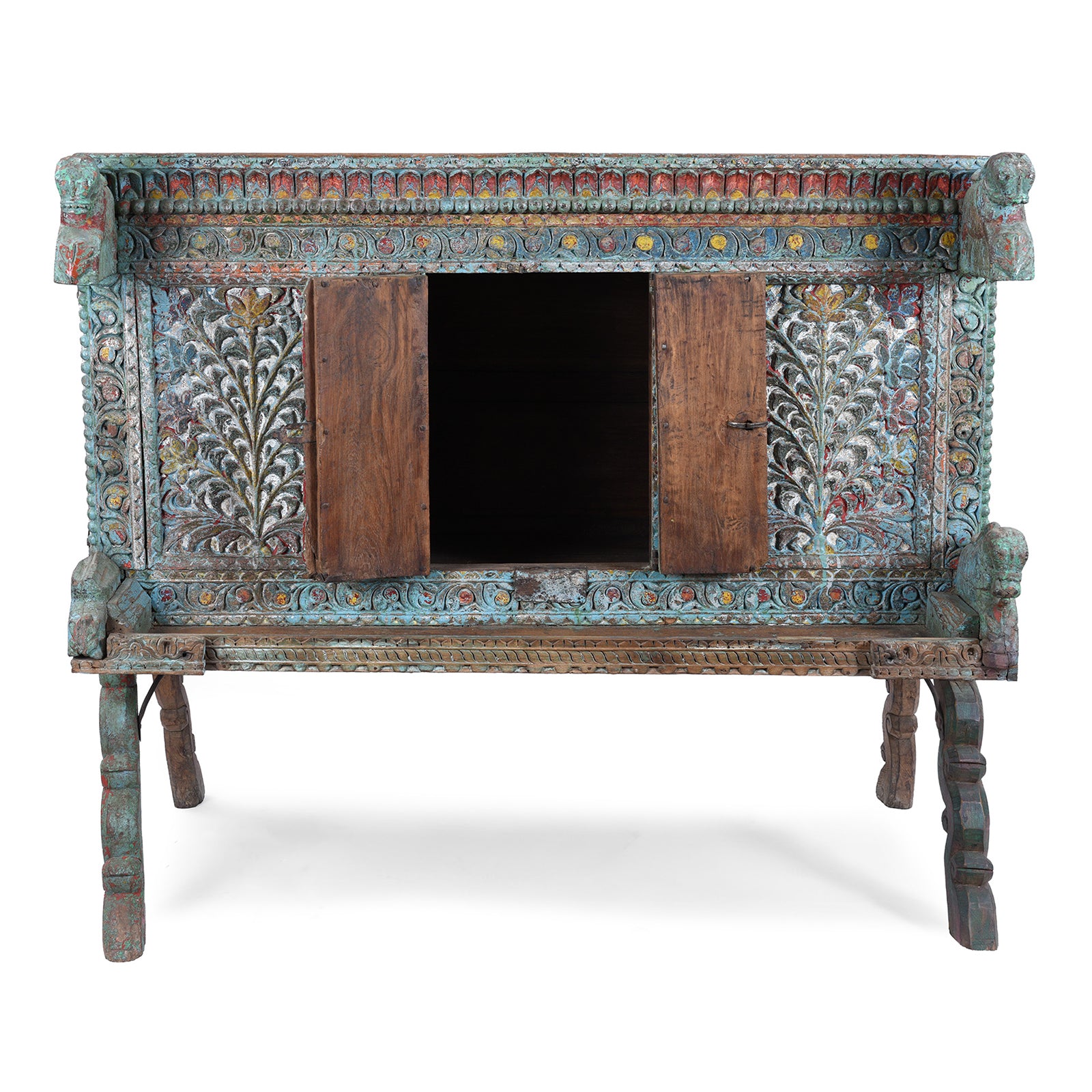 Open Door View Of Antique Gujarati Majus Dowry Chest With Painted Floral Carving And Horse Head Finials