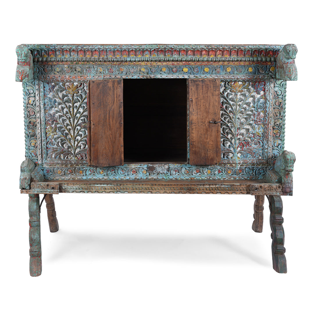 Open Door View Of Antique Gujarati Majus Dowry Chest With Painted Floral Carving And Horse Head Finials
