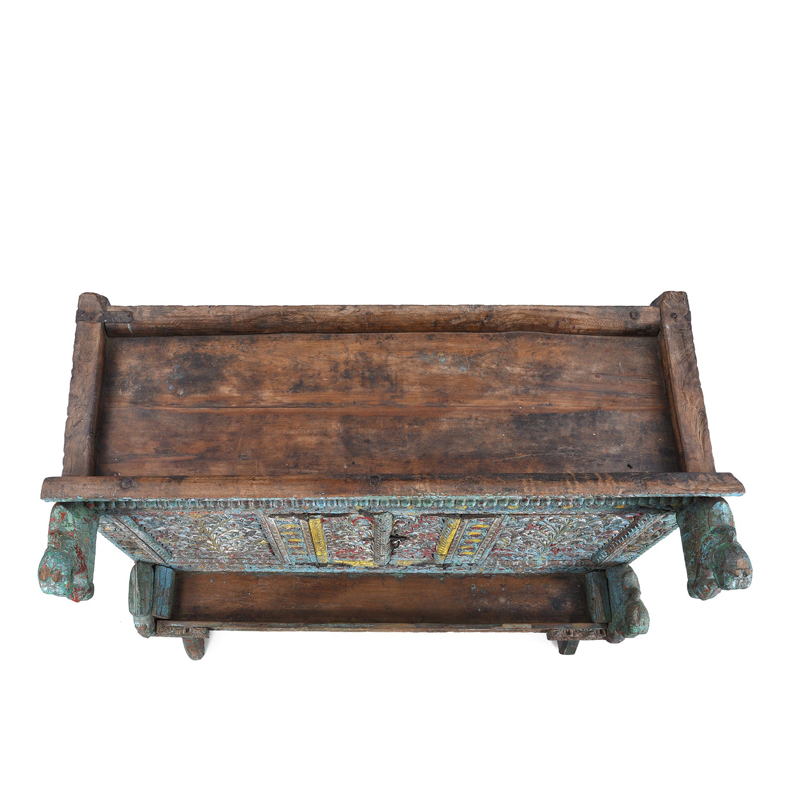 Top Down View Of Antique Gujarati Majus Dowry Chest With Painted Floral Carving And Horse Head Finials