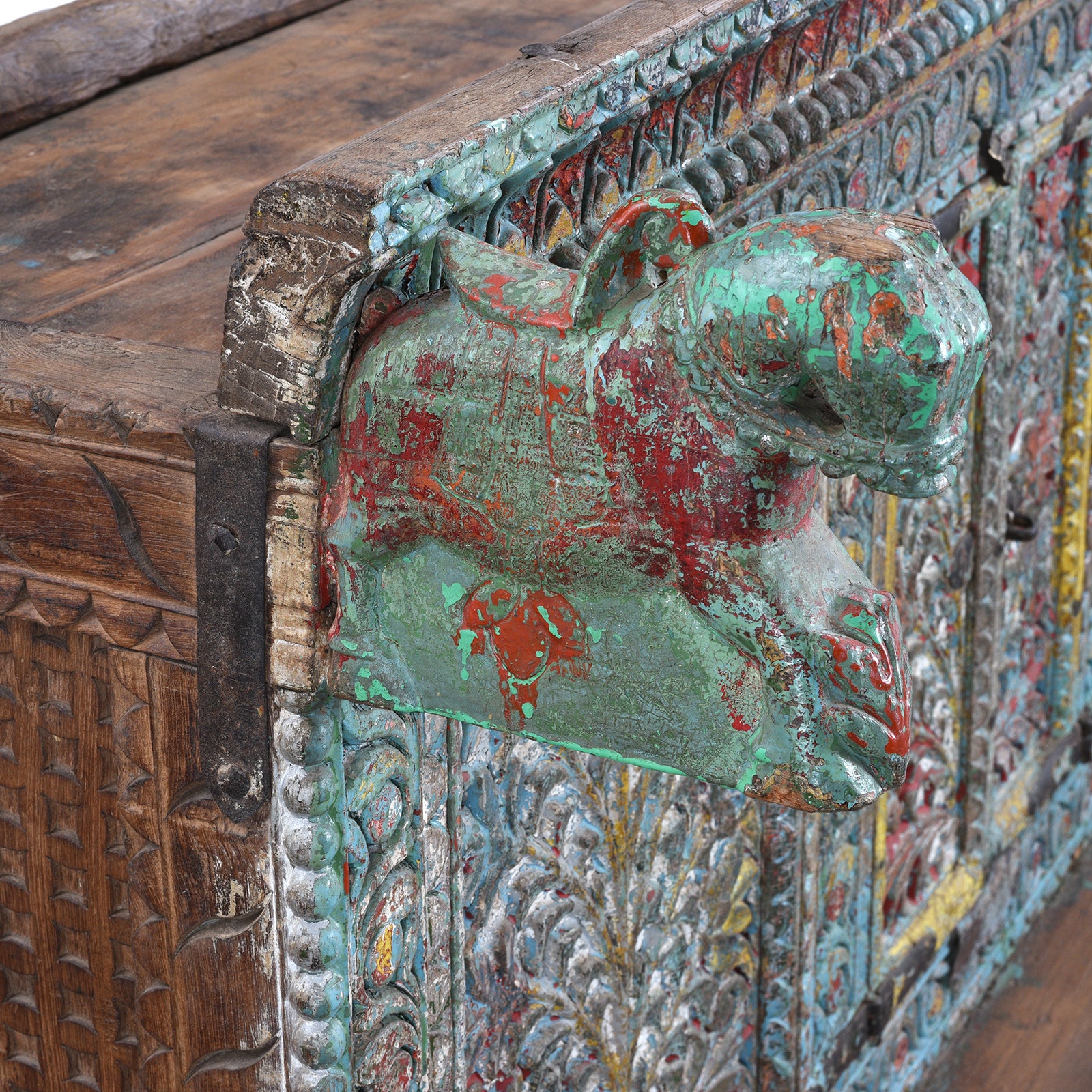 Horse Detail From Antique Gujarati Majus Dowry Chest With Painted Floral Carving And Horse Head Finials