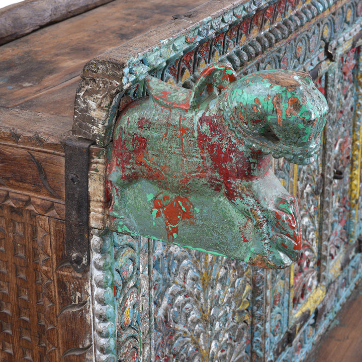 Horse Detail From Antique Gujarati Majus Dowry Chest With Painted Floral Carving And Horse Head Finials