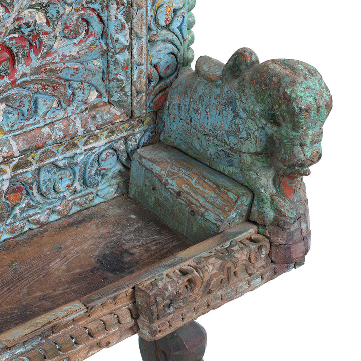 Horse Detail From Antique Gujarati Majus Dowry Chest With Painted Floral Carving And Horse Head Finials