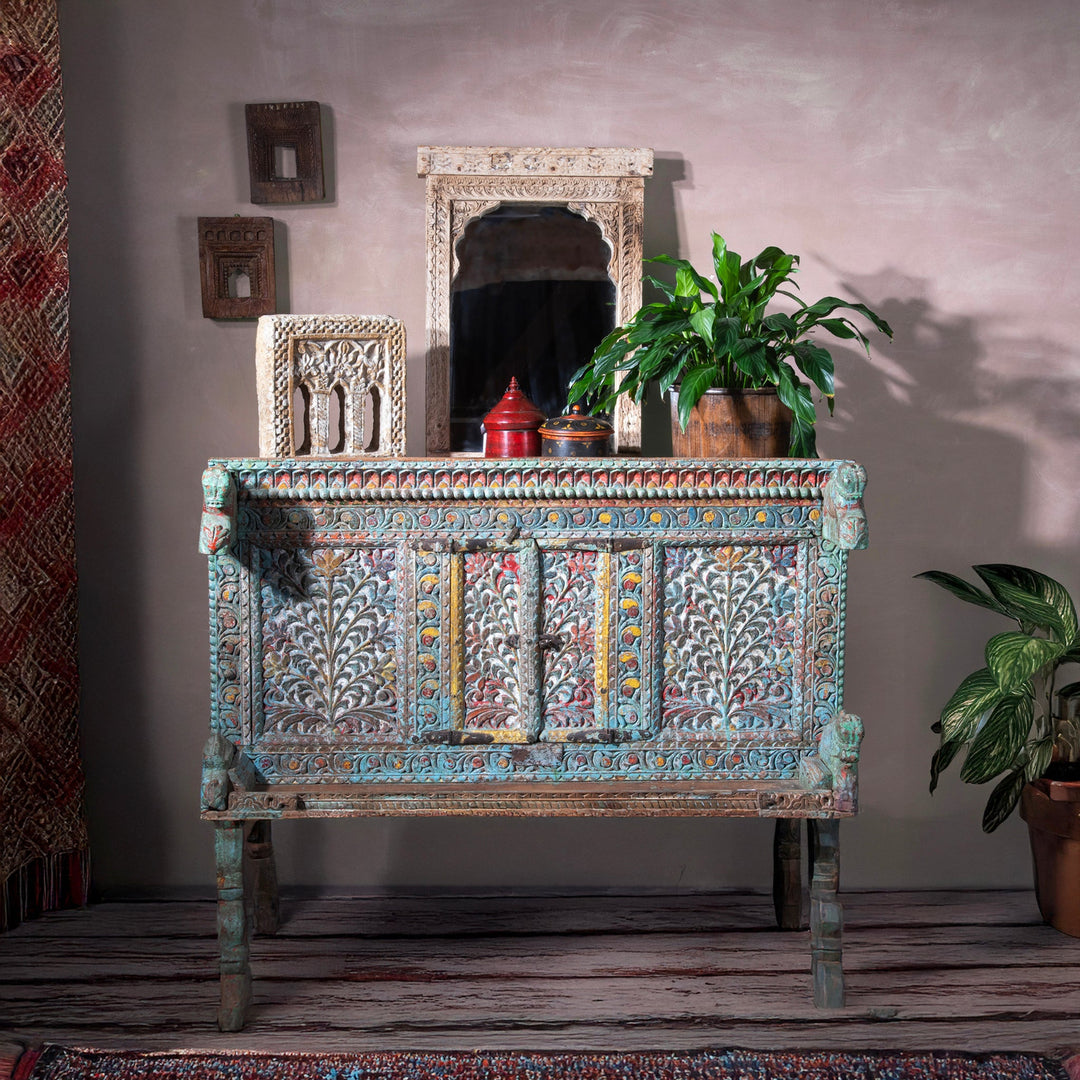 Lifestyle Of Antique Gujarati Majus Dowry Chest With Painted Floral Carving And Horse Head Finials