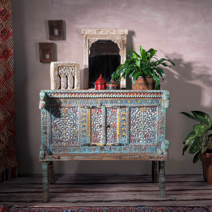 Lifestyle Of Antique Gujarati Majus Dowry Chest With Painted Floral Carving And Horse Head Finials