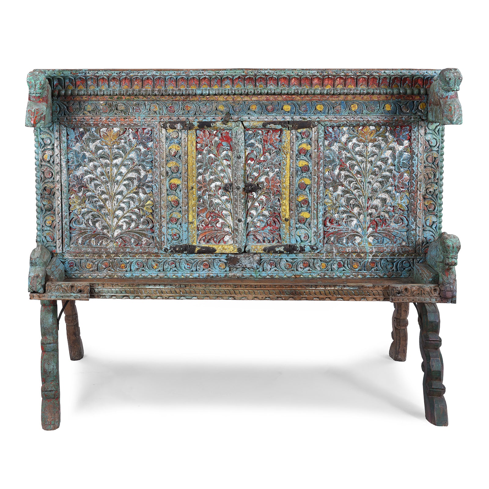 Antique Gujarati Majus Dowry Chest With Painted Floral Carving And Horse Head Finials