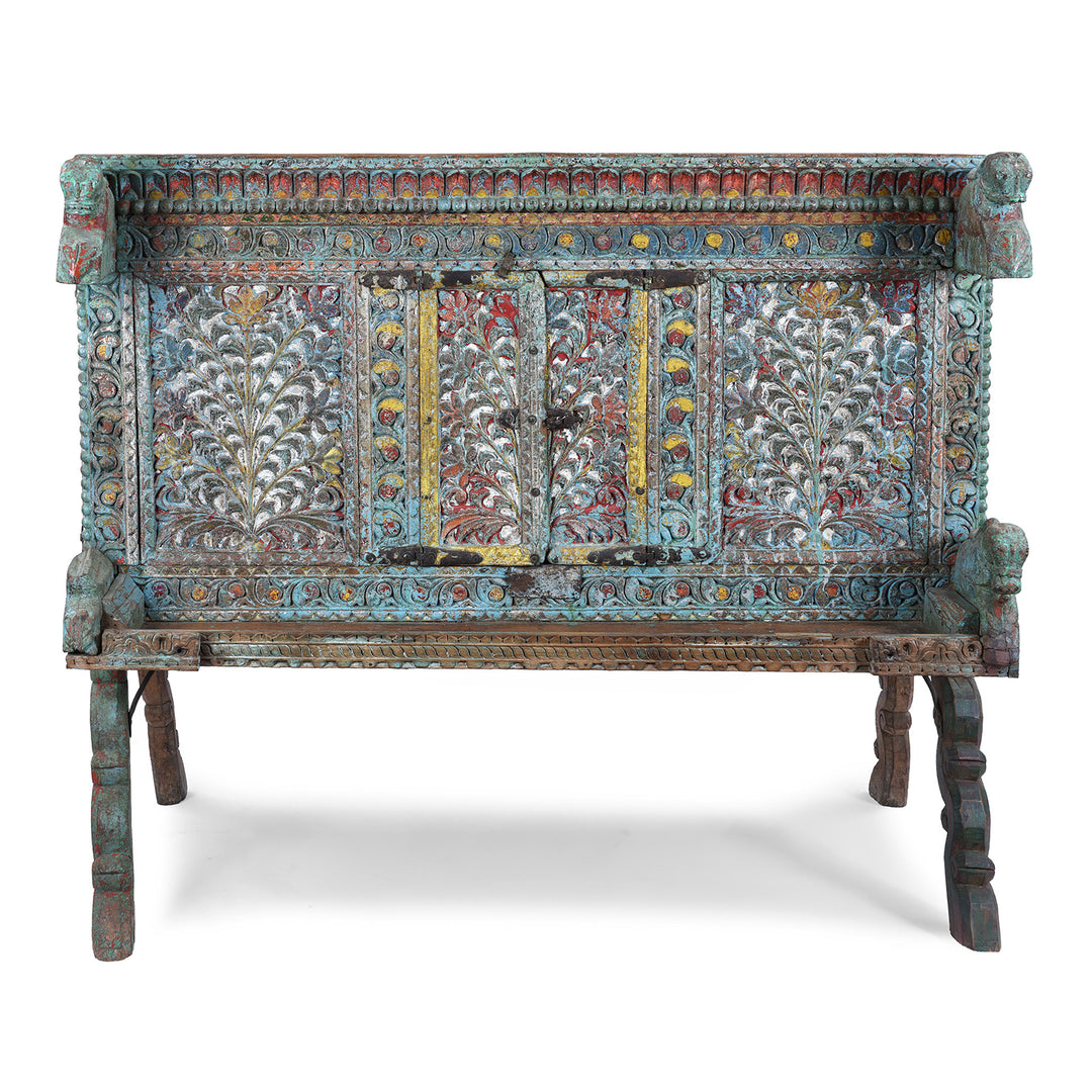 Antique Gujarati Majus Dowry Chest With Painted Floral Carving And Horse Head Finials