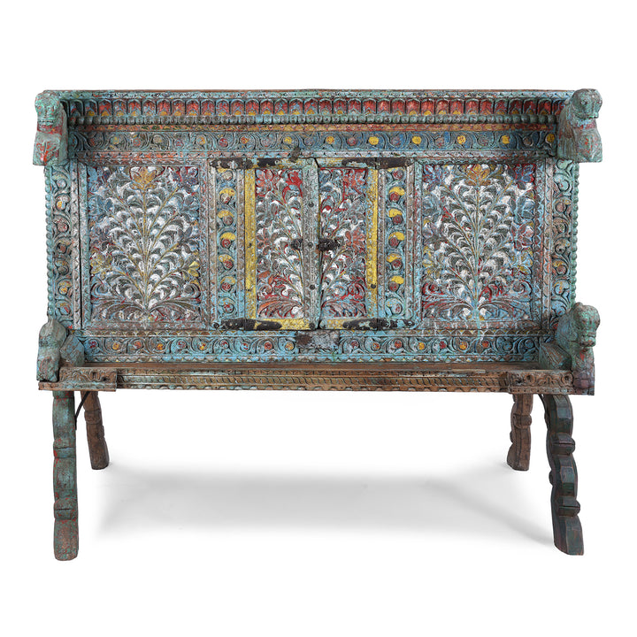Antique Gujarati Majus Dowry Chest With Painted Floral Carving And Horse Head Finials
