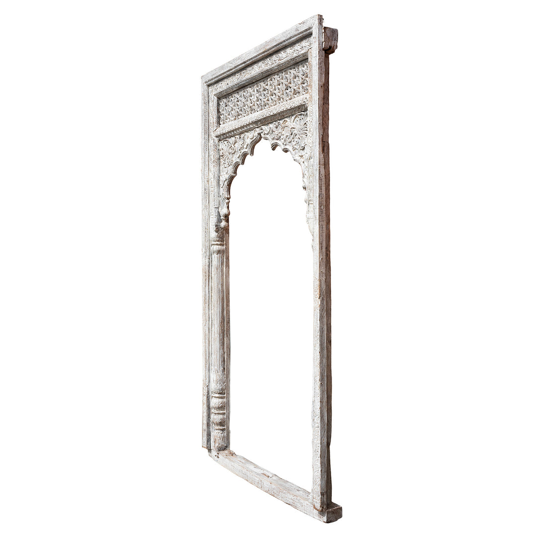 Angled VIew Of Hand-Carved Bleached Rosewood Archway With Jali Panel And Mughal-Style Detailing From 19th Century Punjab