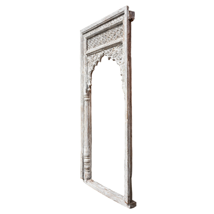 Angled VIew Of Hand-Carved Bleached Rosewood Archway With Jali Panel And Mughal-Style Detailing From 19th Century Punjab