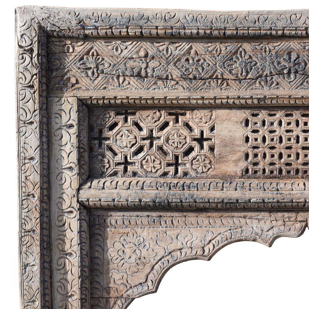 Corner Detail Showing Carving On 19th Century Carved Wooden Mughal Archway From Punjab With Intricate Floral And Geometric Detailing