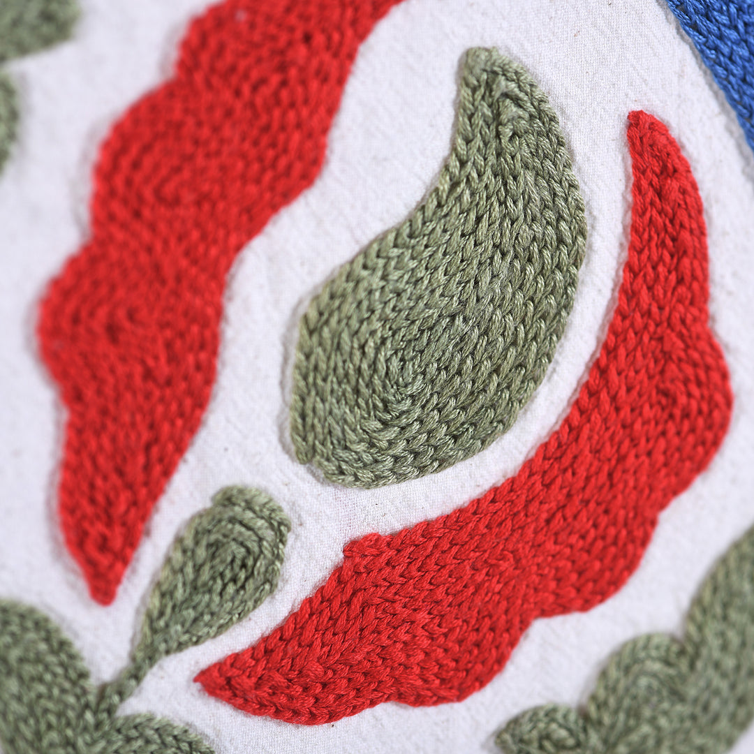 Detail From Hand Embroidered Multicoloured Suzani Throw With Floral Silk Embroidery On White Cotton