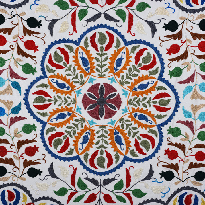 Detail From Hand Embroidered Multicoloured Suzani Throw With Floral Silk Embroidery On White Cotton
