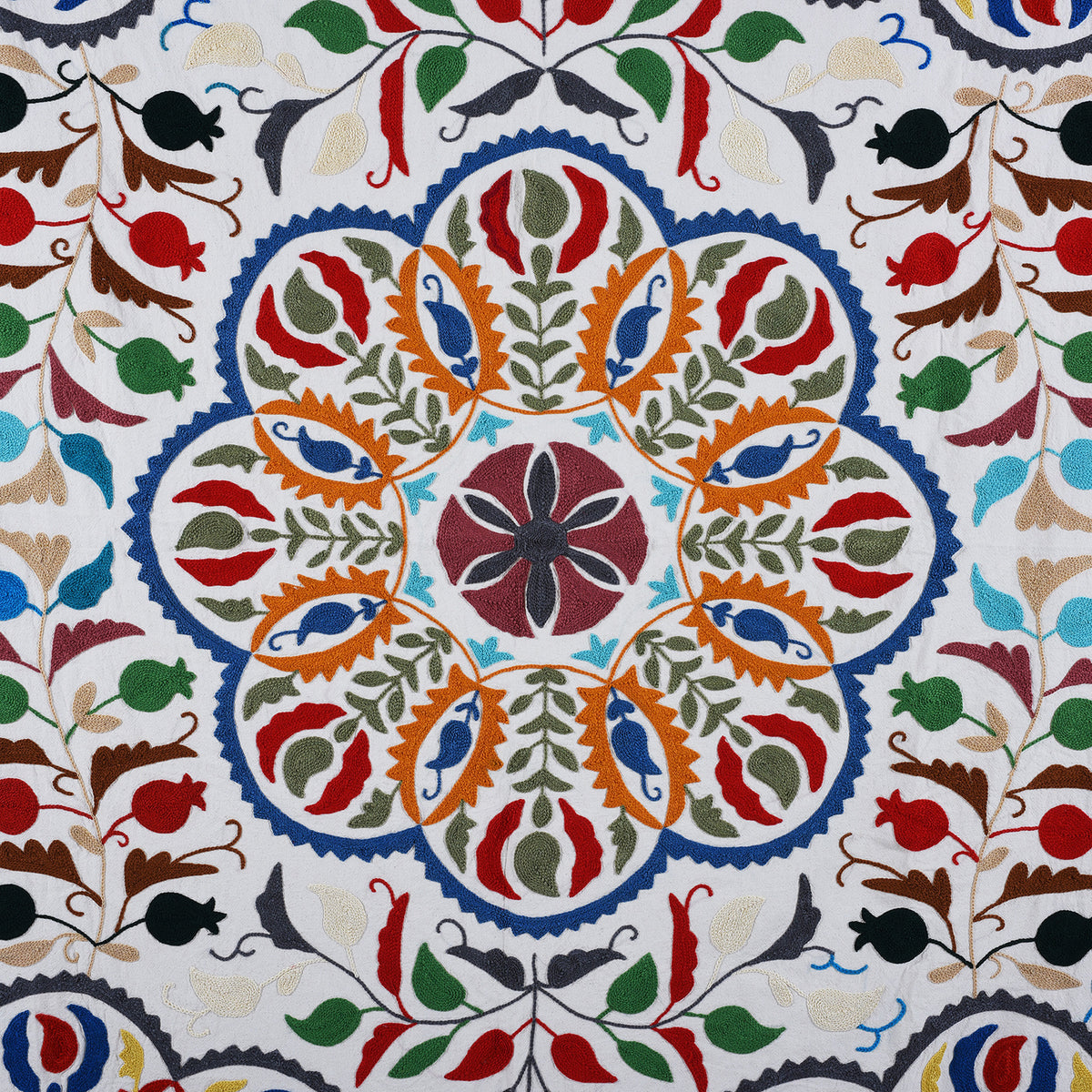 Detail From Hand Embroidered Multicoloured Suzani Throw With Floral Silk Embroidery On White Cotton