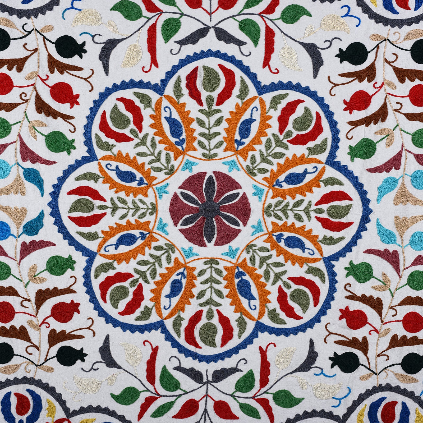 Hand Embroidered Multicoloured Suzani Throw With Floral Silk Embroidery On White Cotton