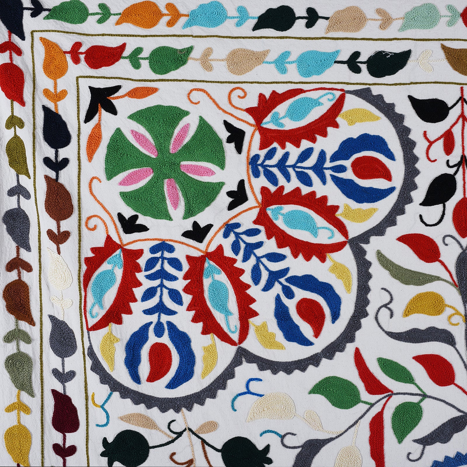 Detail From Hand Embroidered Multicoloured Suzani Throw With Floral Silk Embroidery On White Cotton