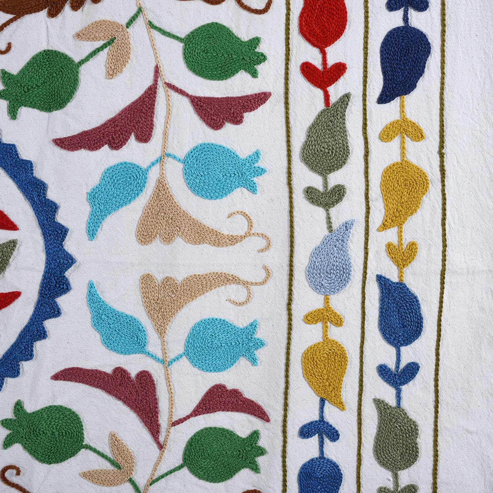 Detail From Hand Embroidered Multicoloured Suzani Throw With Floral Silk Embroidery On White Cotton