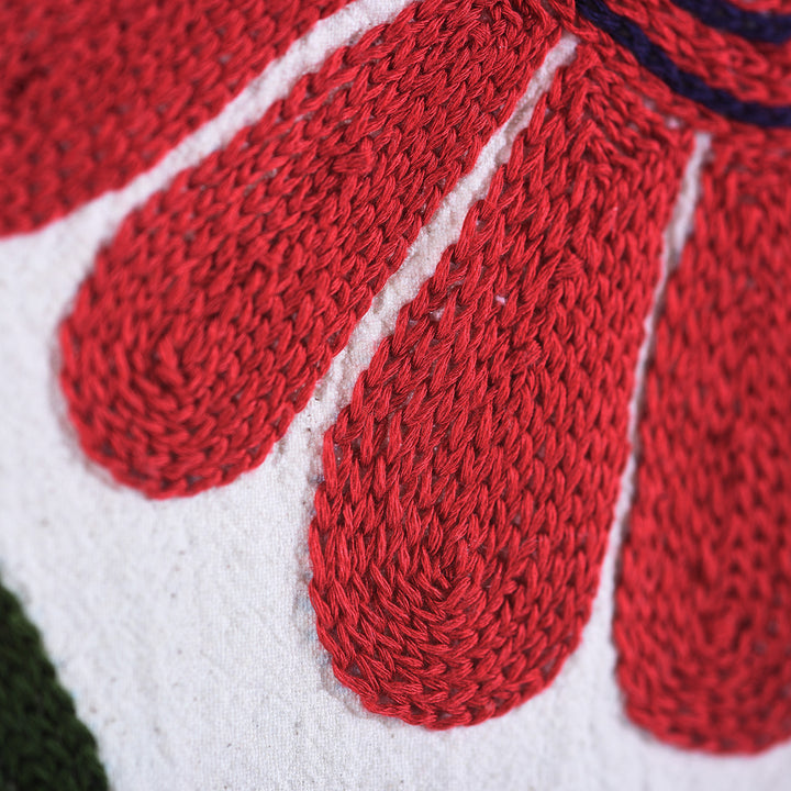 Detail From Hand Embroidered Suzani Throw With Colourful Floral And Bird Motifs On White Cotton