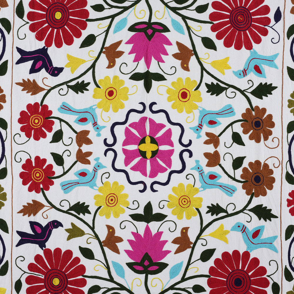 Hand Embroidered Suzani Throw With Colourful Floral And Bird Motifs On White Cotton
