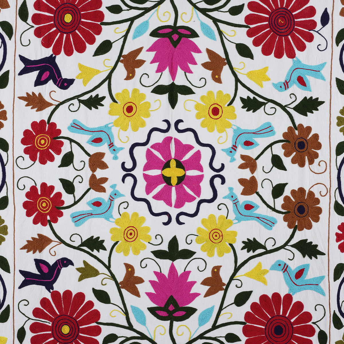 Design Detail From Hand Embroidered Suzani Throw With Colourful Floral And Bird Motifs On White Cotton