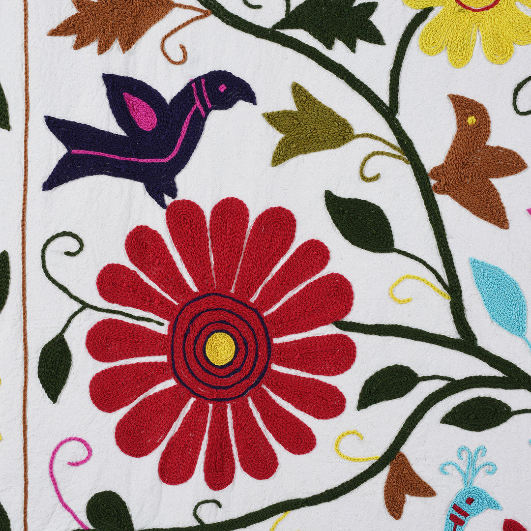 Detail From Hand Embroidered Suzani Throw With Colourful Floral And Bird Motifs On White Cotton