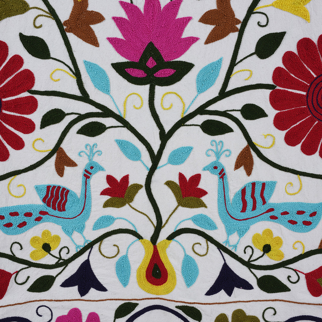 Detail From Hand Embroidered Suzani Throw With Colourful Floral And Bird Motifs On White Cotton