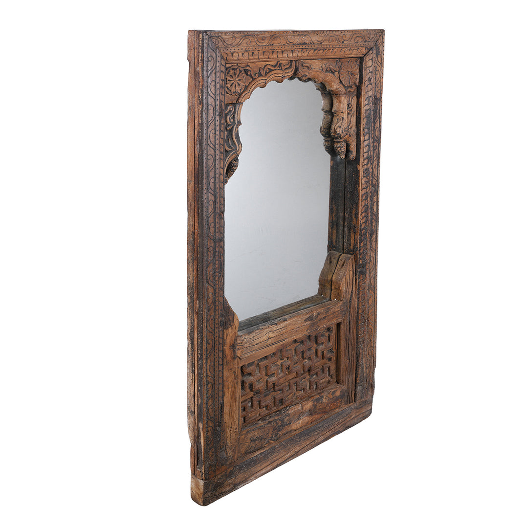 Angled VIew Of Antique Indian Mirror Made From An Old Teak Window | Indigo Antiques