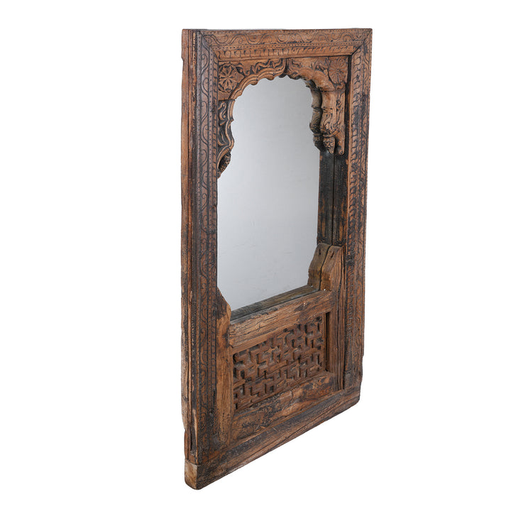 Angled VIew Of Antique Indian Mirror Made From An Old Teak Window | Indigo Antiques