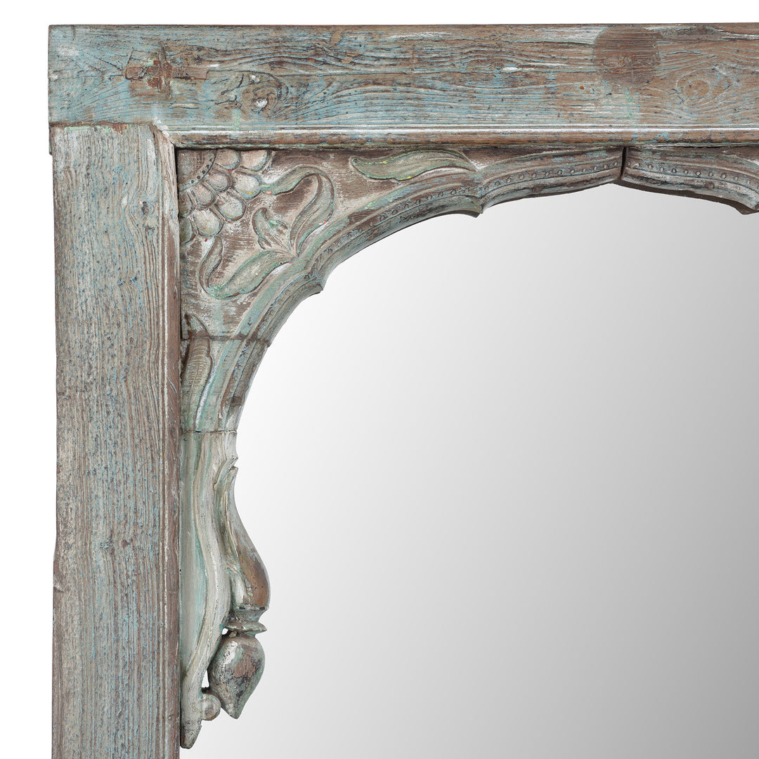 Corner Detail From Antique Indian Blue Painted Teak Window Arch Mirror | Indigo Antiques