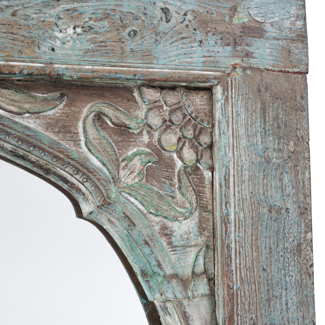 Carving Detail From Antique Indian Blue Painted Teak Window Arch Mirror | Indigo Antiques