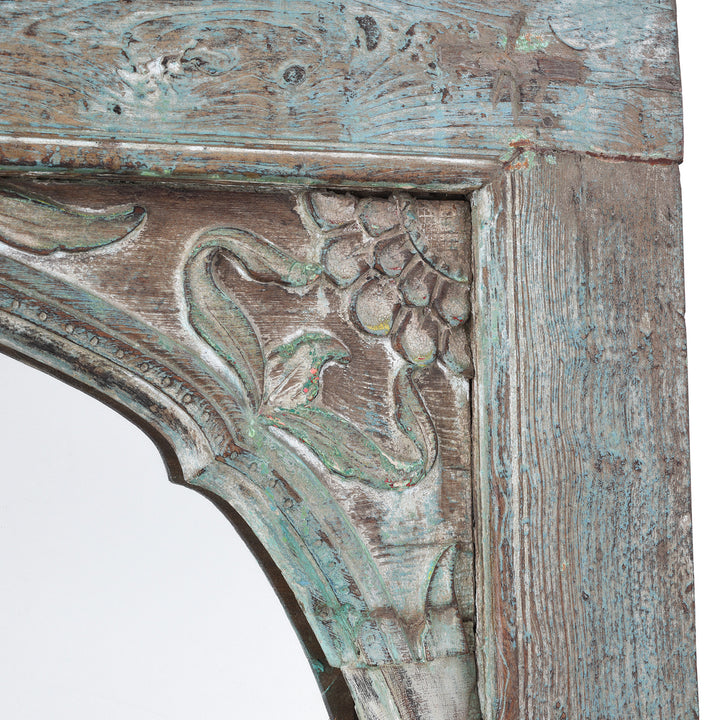Carving Detail From Antique Indian Blue Painted Teak Window Arch Mirror | Indigo Antiques