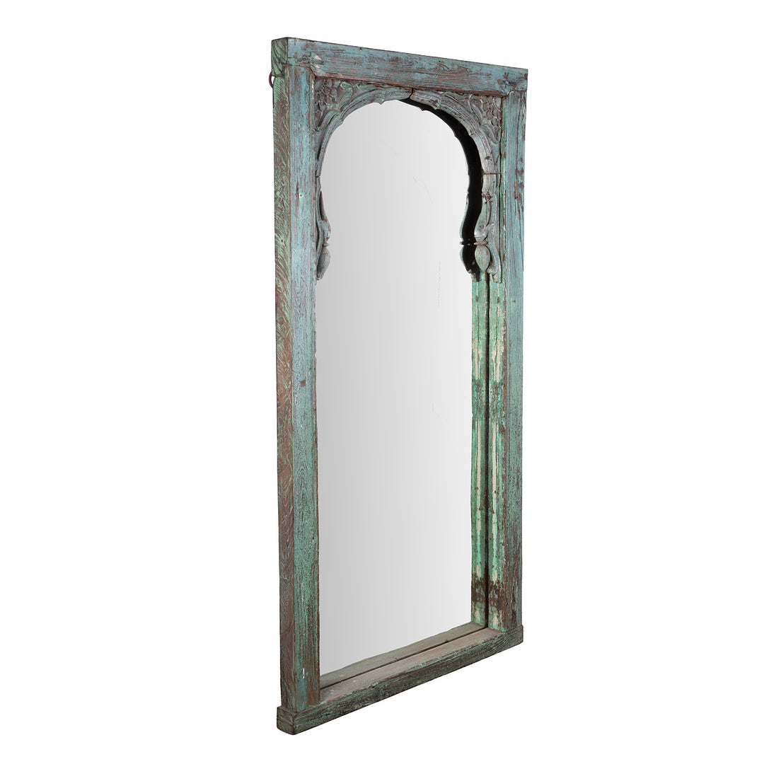 Angled View Of Indian Mirror Made From An Old Teak Window | Indigo Antiques