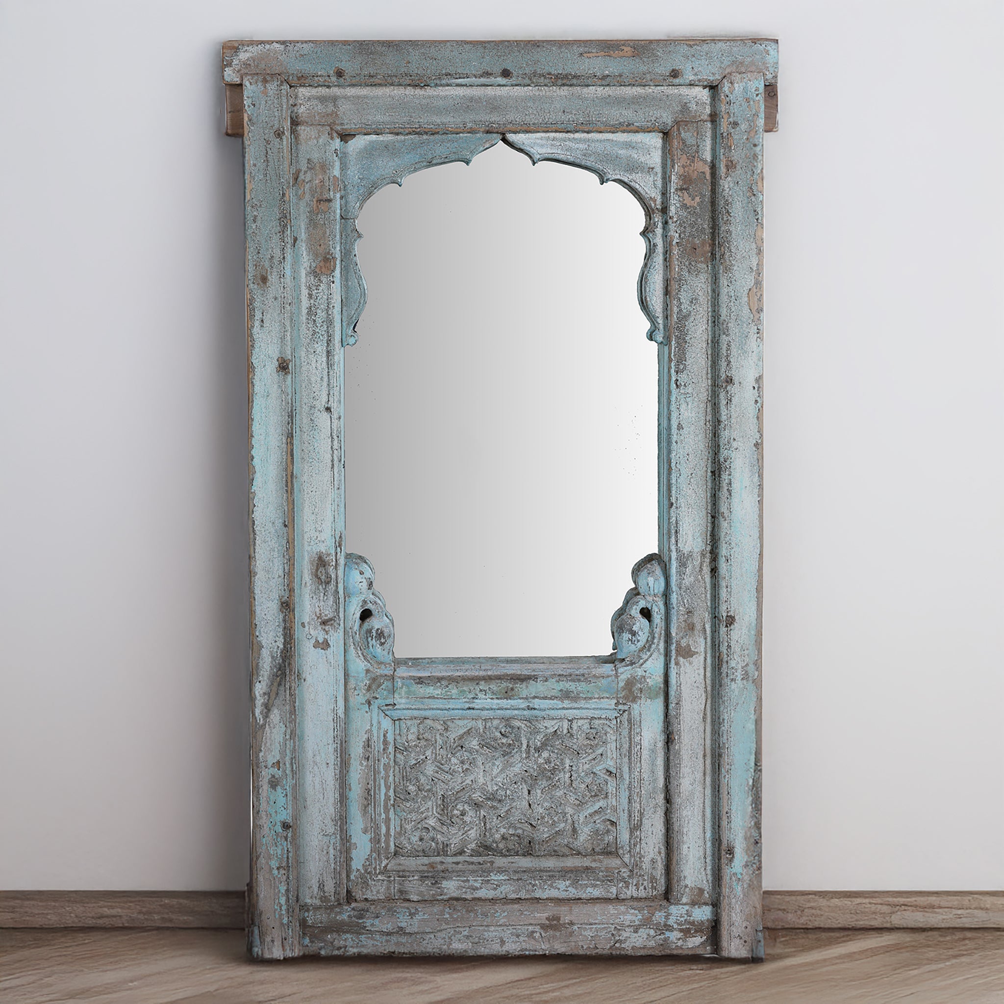 Antique Indian Teak Mirror With Mughal Arch And Carved Base Panel In Distressed Blue Paint
