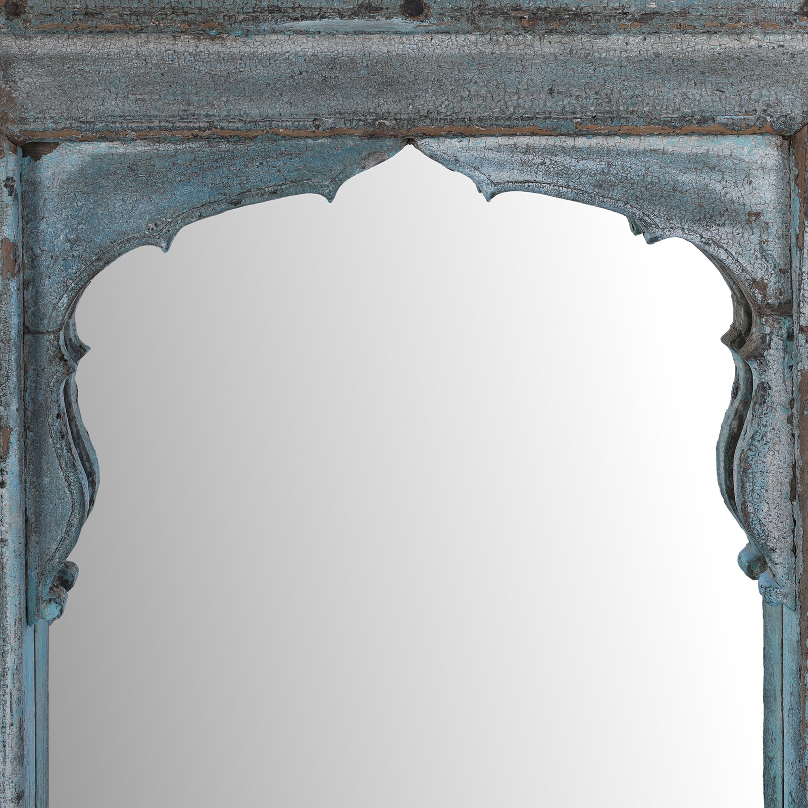 Mughal Arch Detail From Antique Indian Teak Mirror With Mughal Arch And Carved Base Panel In Distressed Blue Paint