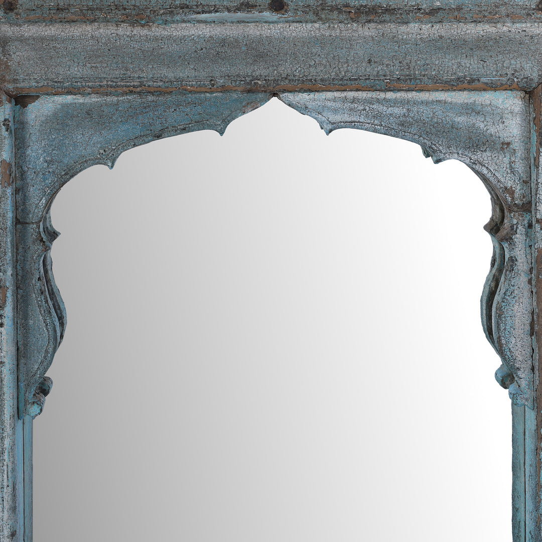 Mughal Arch Detail From Antique Indian Teak Mirror With Mughal Arch And Carved Base Panel In Distressed Blue Paint