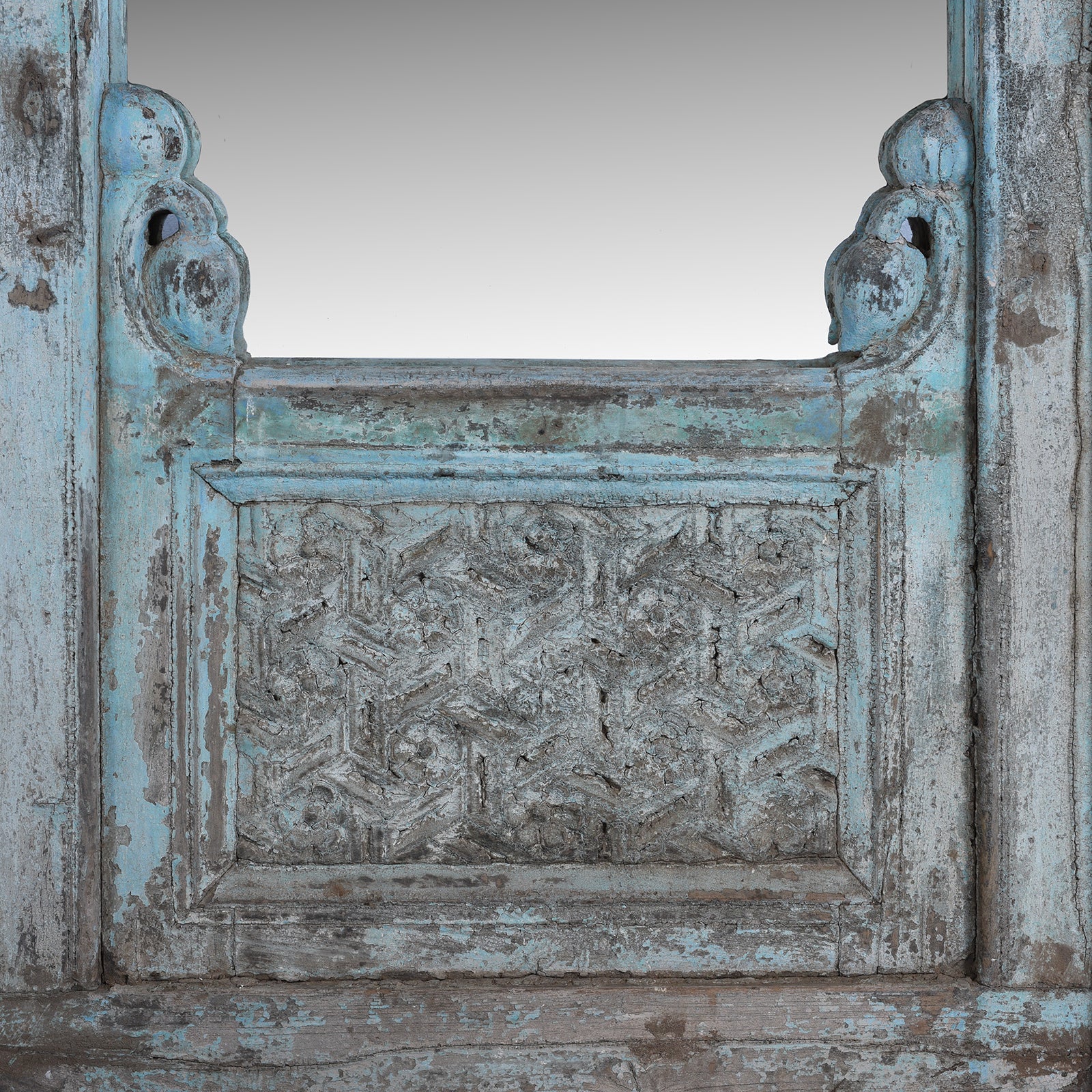 Carved Panel Detail From Antique Indian Teak Mirror With Mughal Arch And Carved Base Panel In Distressed Blue Paint