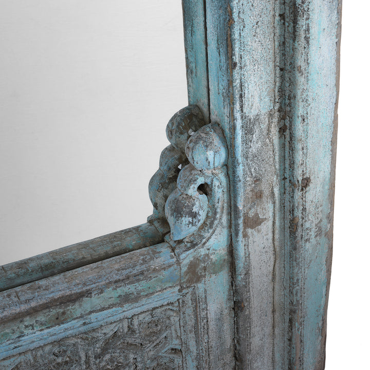 Frame Depth Detail From Antique Indian Teak Mirror With Mughal Arch And Carved Base Panel In Distressed Blue Paint