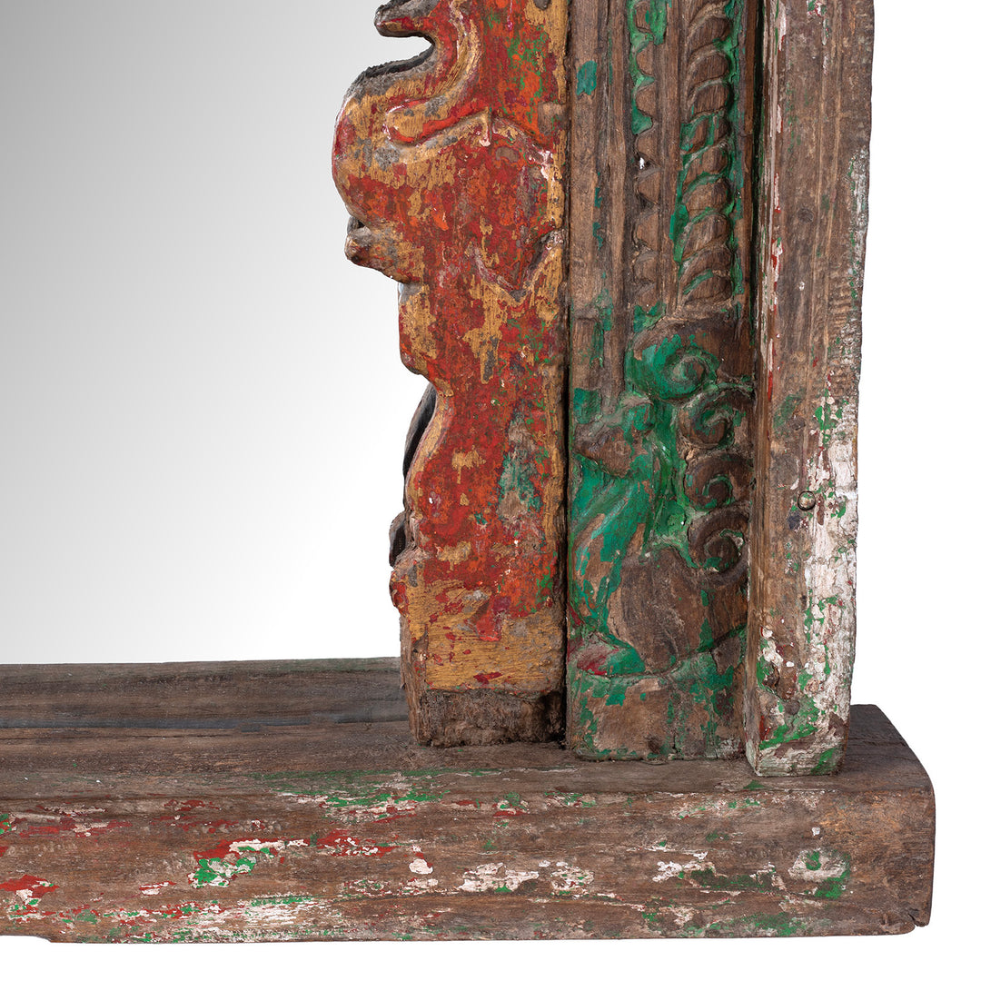 Bottom Corner Detail From Rajasthani Teak Wall Niche Mirror With Mughal Arch And Weathered Red Green Paint