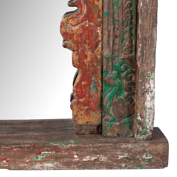 Bottom Corner Detail From Rajasthani Teak Wall Niche Mirror With Mughal Arch And Weathered Red Green Paint