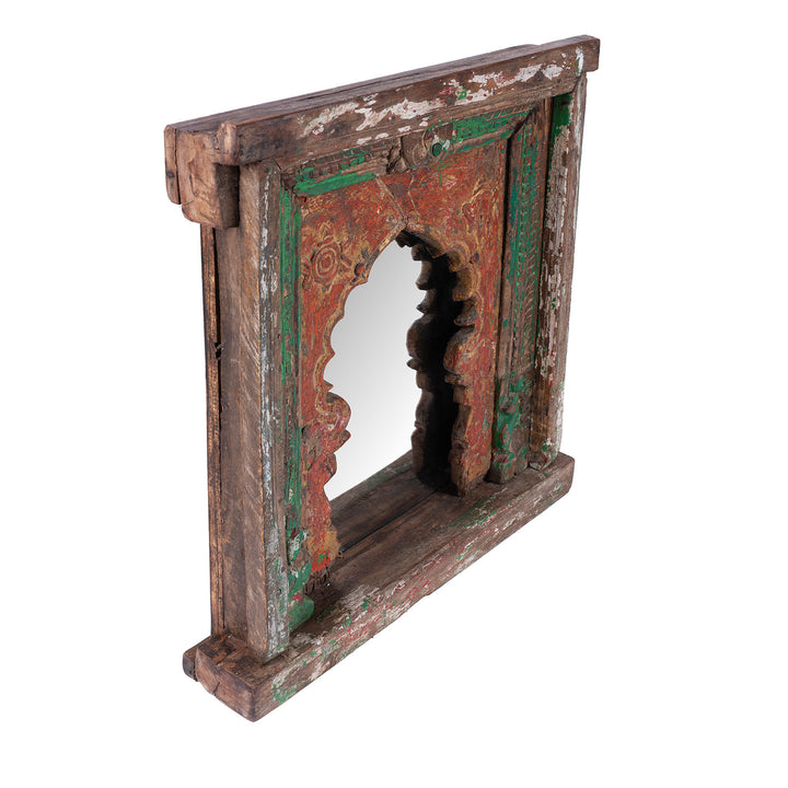 Angled VIew Showing Depth Of Rajasthani Teak Wall Niche Mirror With Mughal Arch And Weathered Red Green Paint
