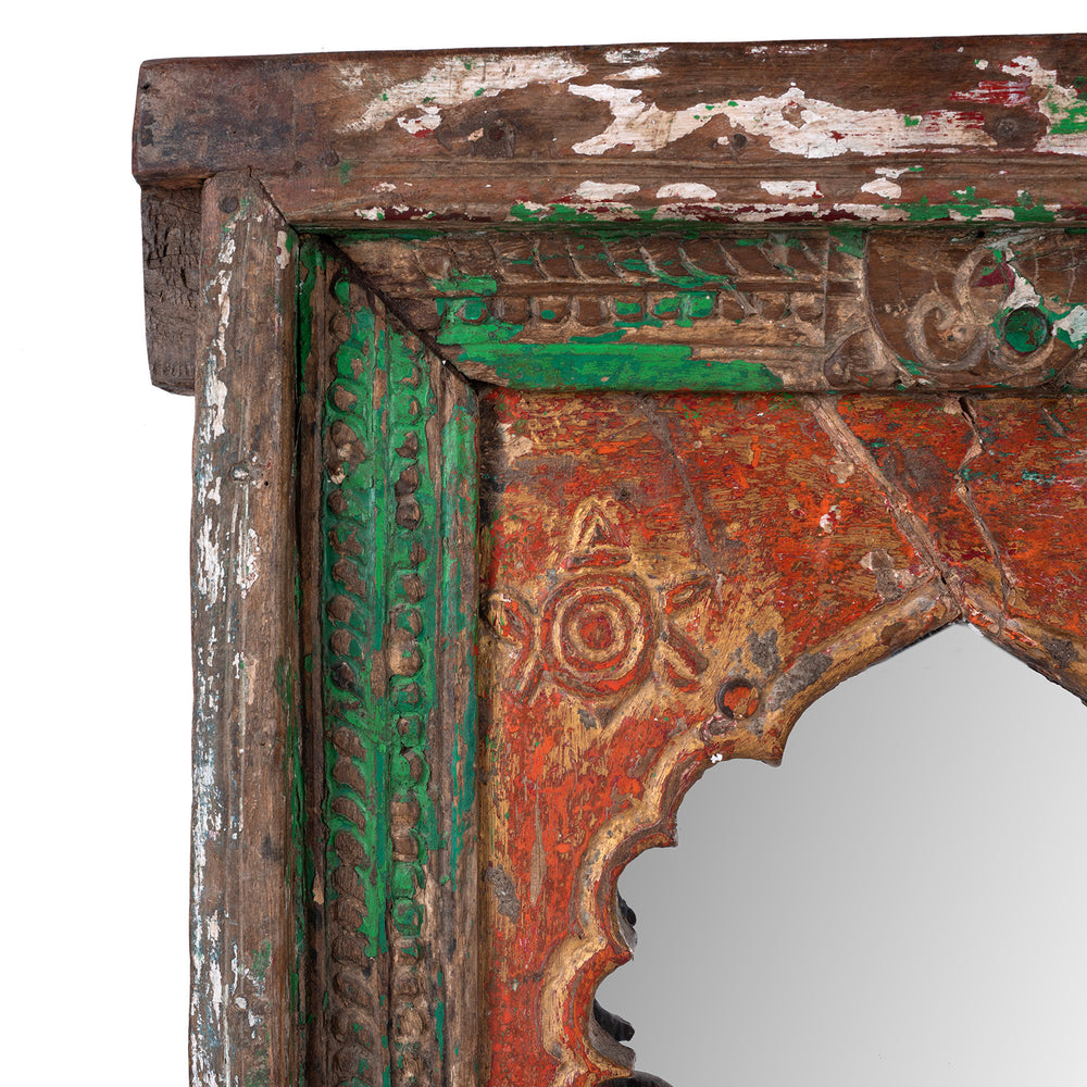 Corner Detail From Rajasthani Teak Wall Niche Mirror With Mughal Arch And Weathered Red Green Paint