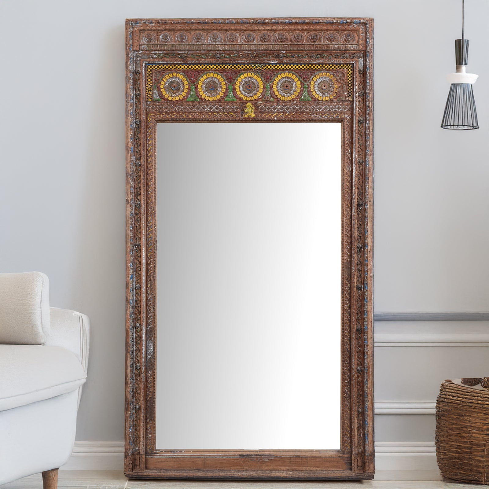 Antique Indian Teak Mirror With Carved Ganesh And Floral Motifs