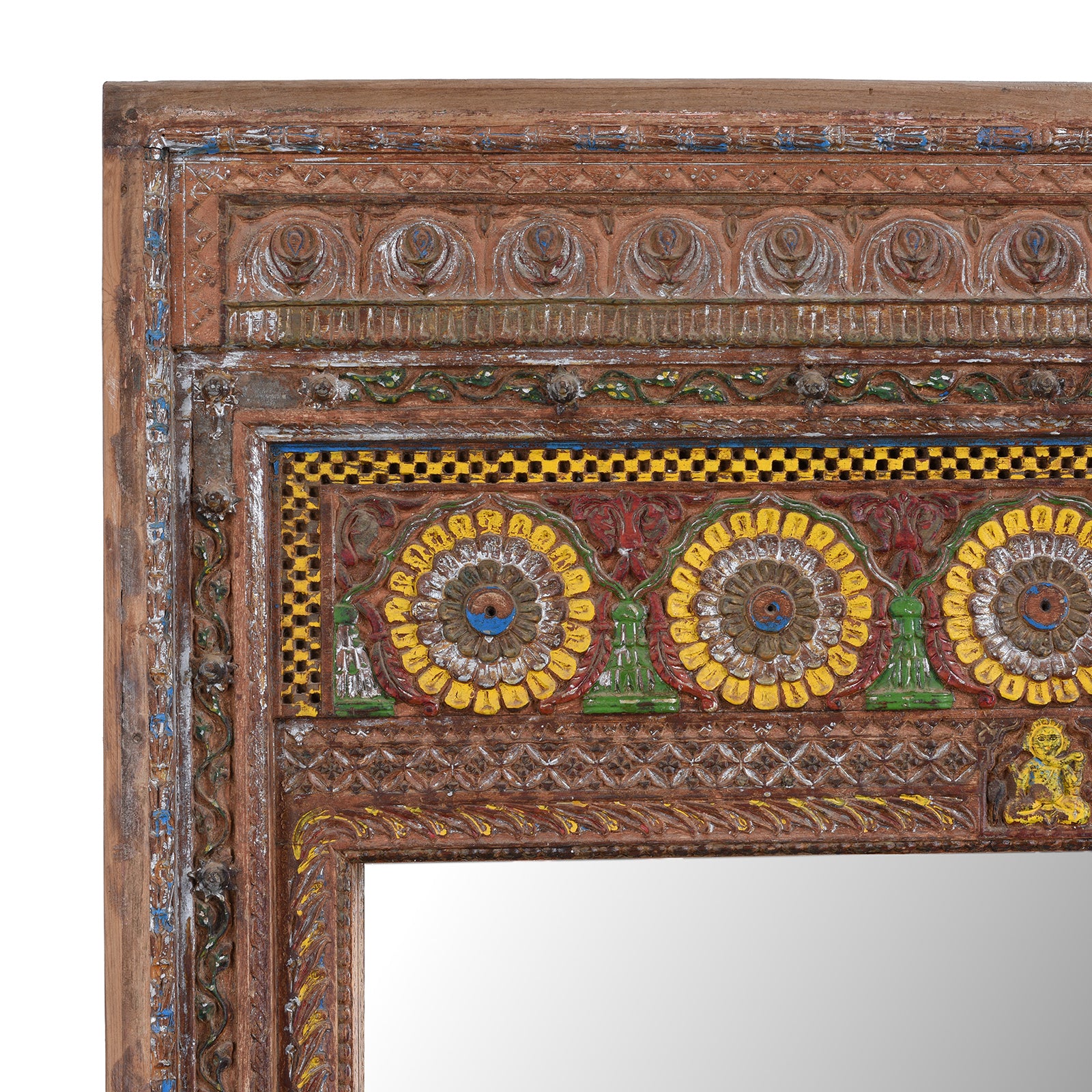 Corner Detail Showiing Carvings And Paintwork On Antique Indian Teak Mirror With Carved Ganesh And Floral Motifs