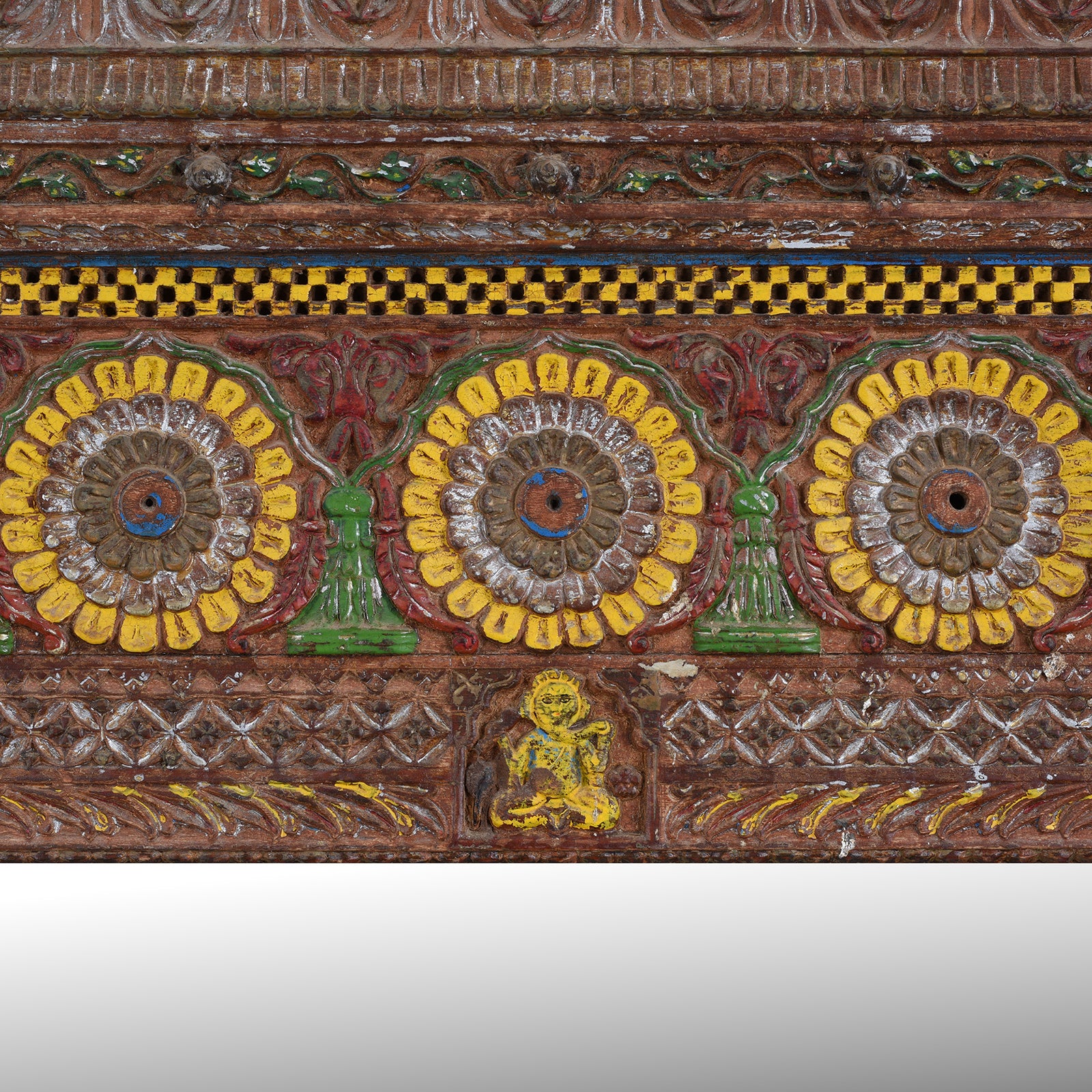 Floral And Ganesh Carving Detail From Antique Indian Teak Mirror With Carved Ganesh And Floral Motifs