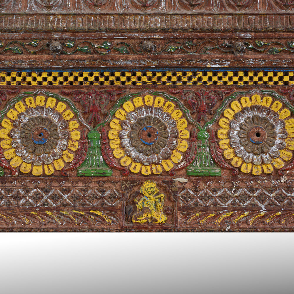 Floral And Ganesh Carving Detail From Antique Indian Teak Mirror With Carved Ganesh And Floral Motifs