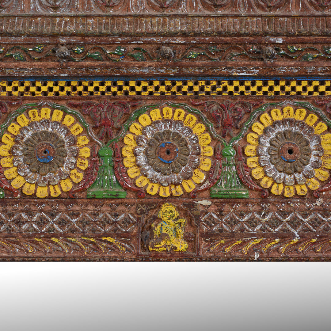 Floral And Ganesh Carving Detail From Antique Indian Teak Mirror With Carved Ganesh And Floral Motifs