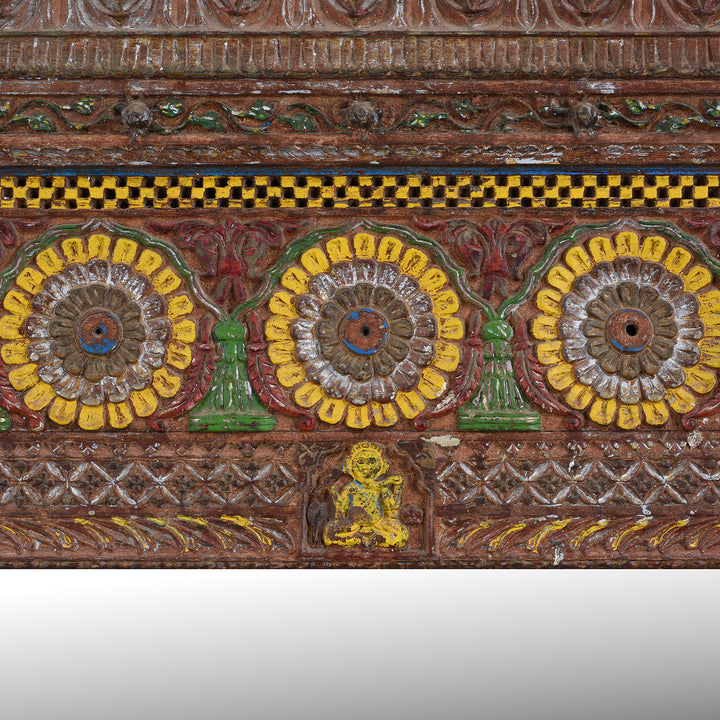 Floral And Ganesh Carving Detail From Antique Indian Teak Mirror With Carved Ganesh And Floral Motifs