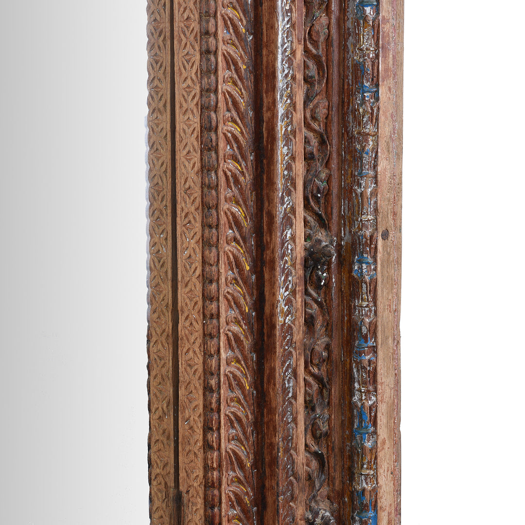 Frame Depth And Carving Detail From Antique Indian Teak Mirror With Carved Ganesh And Floral Motifs